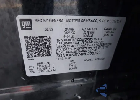 2022 Chevrolet Equinox Fwd Lt from USA, damaged, VIN 3GNAXKEV4NL202793